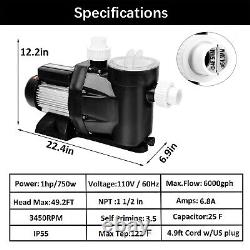 1HP 750W Swimming Pool Pump Motor In/Above Ground 6000GPH 49.2FT Hmax withStrainer