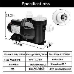 2.5HP 8200GPH Inground Swimming POOL PUMP MOTOR withStrainer For Hayward 110-120V