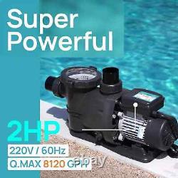 2 HP Pool Pump with Timer, 8120Gph, 220V, 2 Adapters, Powerful In/Above Ground Self