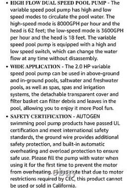 AUTOGEN 2.0HP Variable Speed Pool Pump 8000 GPH 230V 1500W Dual Speed