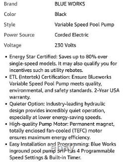 BLUE WORKS Variable Speed Pump 3HP Pool Pump Inground Energy Star Certified