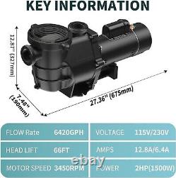 Pipopa 2hp Inground Pool Pump Dual Voltage 6420GPH Flow 66ft Head Lift